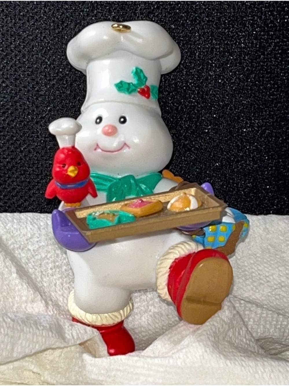 White Ceramic Chef Snowman Figurine with Red Bird and Cookies